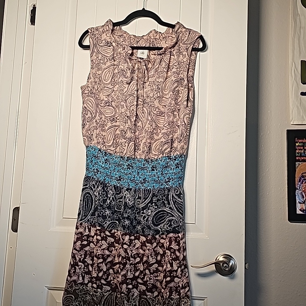 CAbi sm floral/paisley cream/teal/burgundy/blue/olive green knee length dress